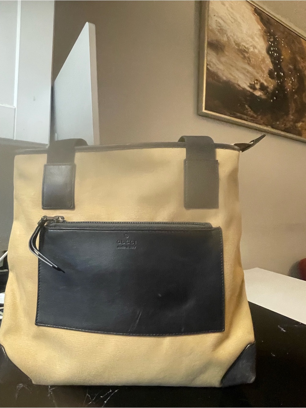 Gucci Beige Canvas Messenger Tote with Black Leather Trim
